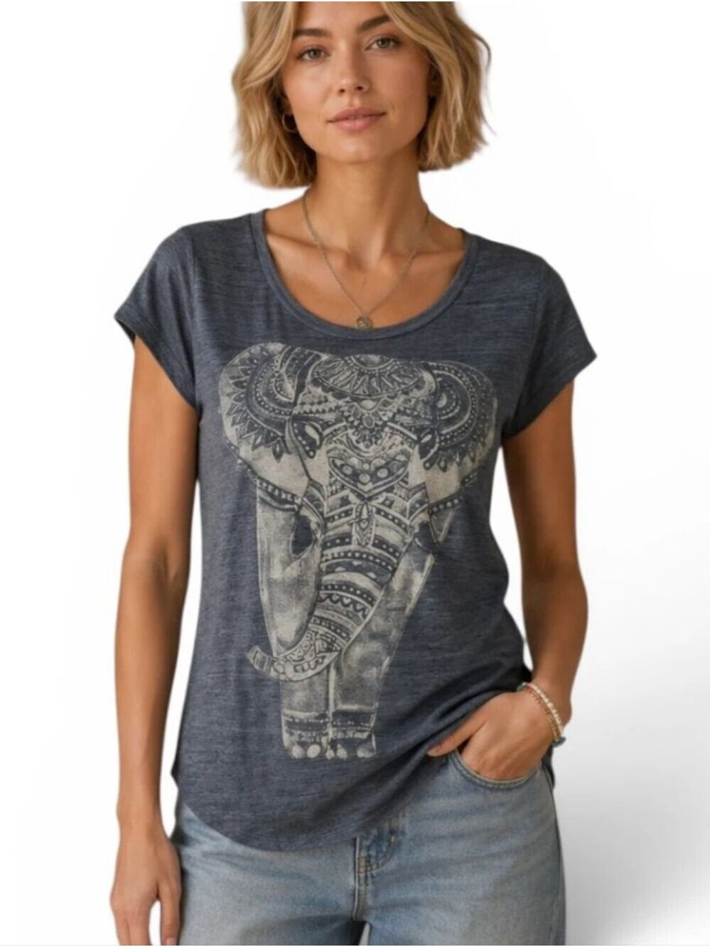 Lucky Brand Gray Elephant Graphic Tee Boho Hamsa Print Short Sleeve Top Small